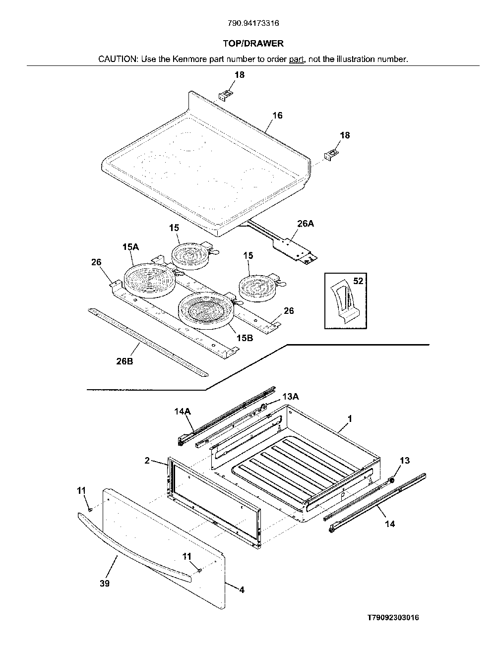 Top/Drawer Diagram and Parts List for 79094173316  Kenmore Range