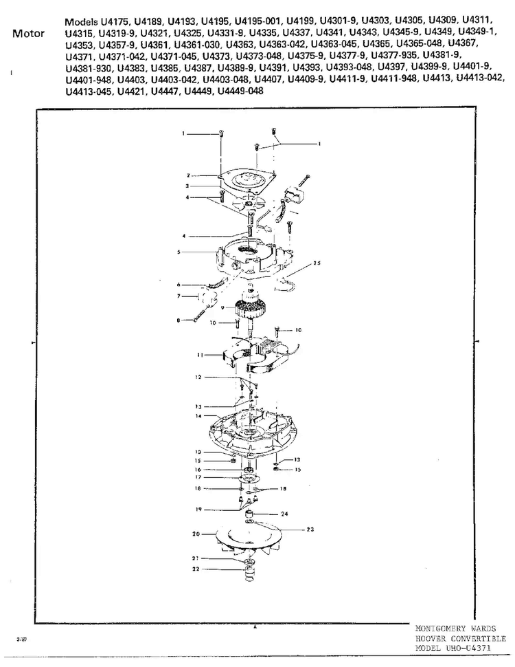 Motor Assembly Diagram and Parts List for U4119  Hoover Upright Vacuum