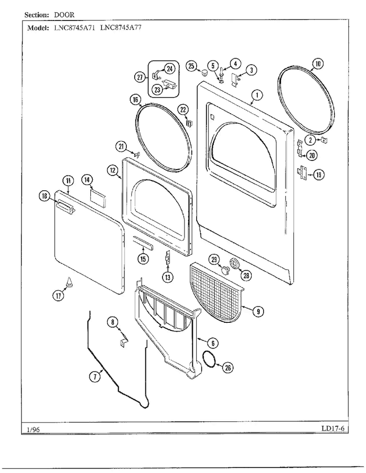 Door Diagram and Parts List for 8745A71  Norge Dryer