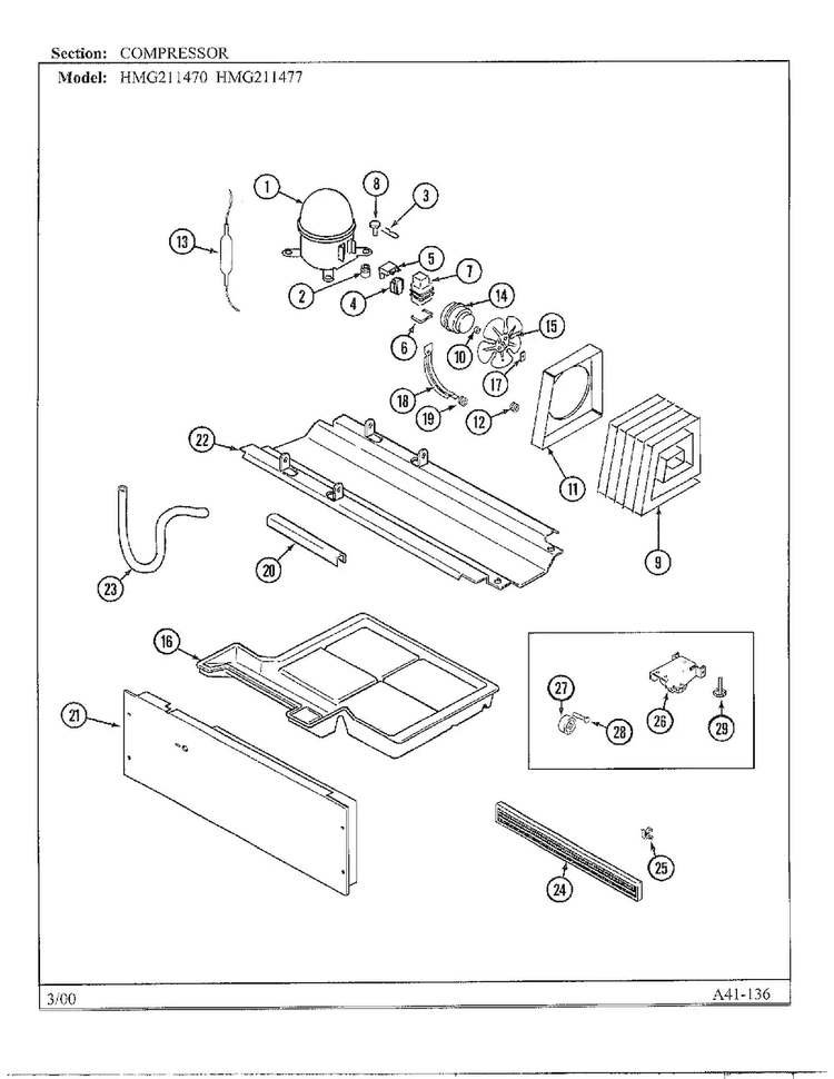 Compressor Diagram and Parts List for HMG211470  Admiral Refrigerator