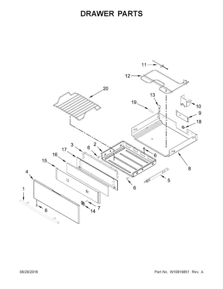Drawer Parts Diagram and Parts List for JES1450CDS1  Jenn-Air Range