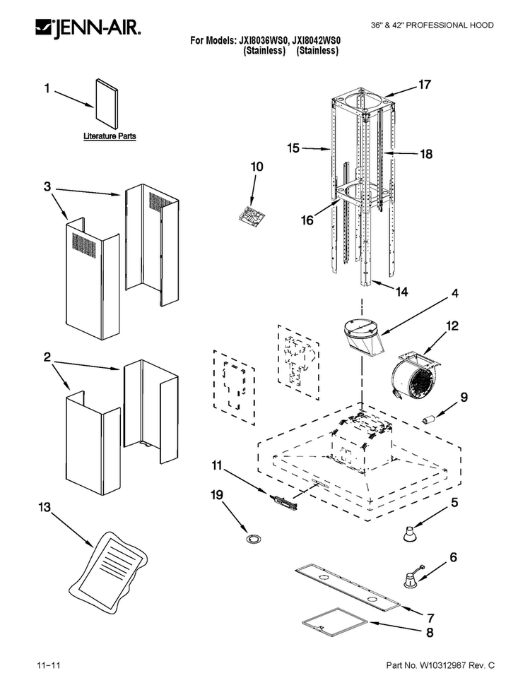 Hood Parts Diagram and Parts List for JXI8042WS0  Jenn-Air Range Hood
