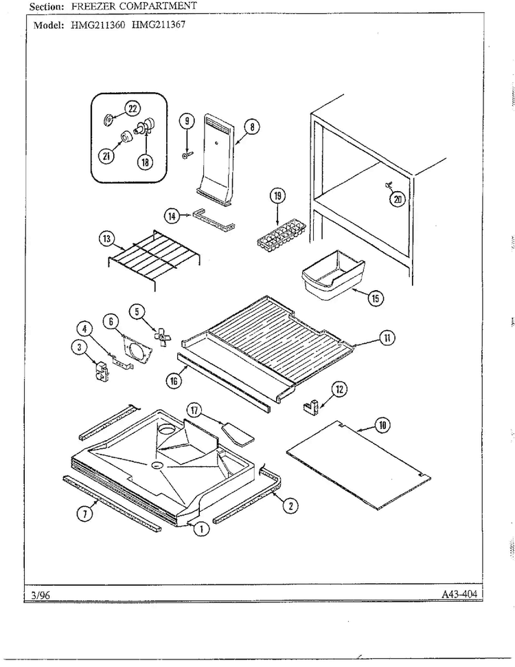 Freezer Compartment Diagram and Parts List for HMG211360  Admiral Refrigerator