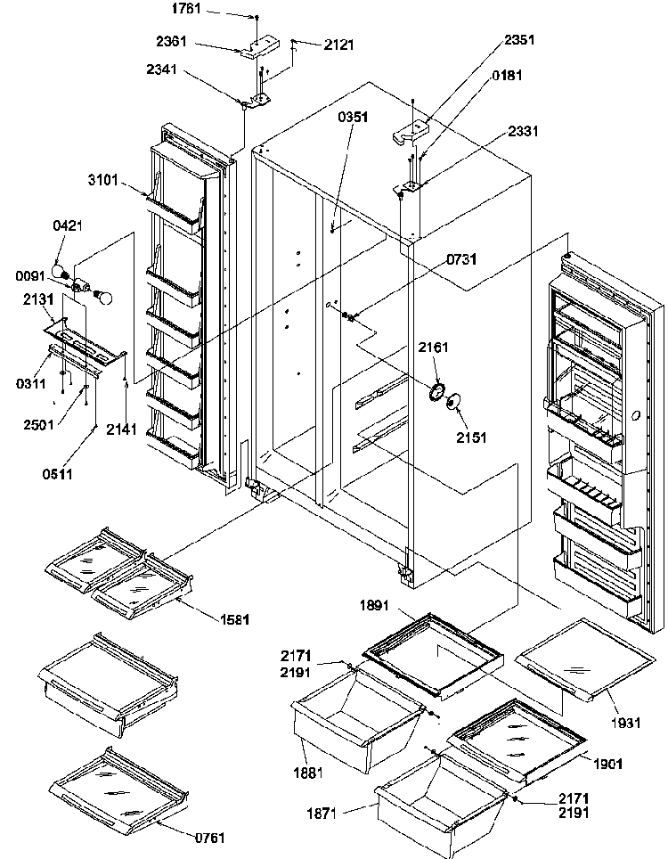 Refrigerator/freezer Shelves, Lights, And Hinges Diagram and Parts List for SBI20TPSW-P1190712WW  Amana Refrigerator
