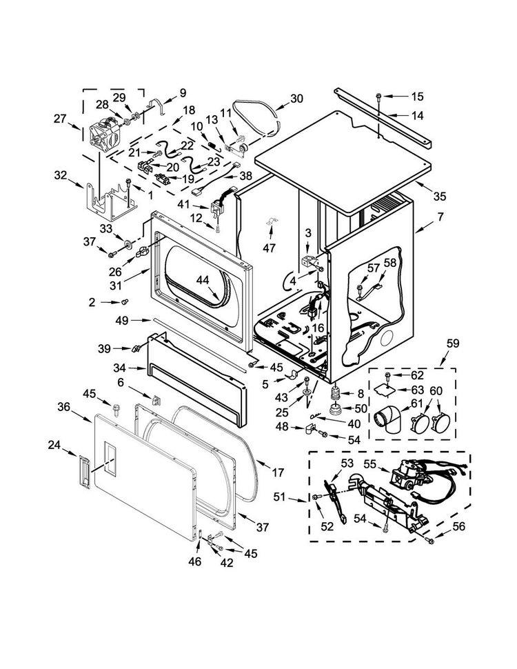 Upper Cabinet And Front Panel Parts Diagram and Parts List for MLG26PRBWW1  Maytag Dryer