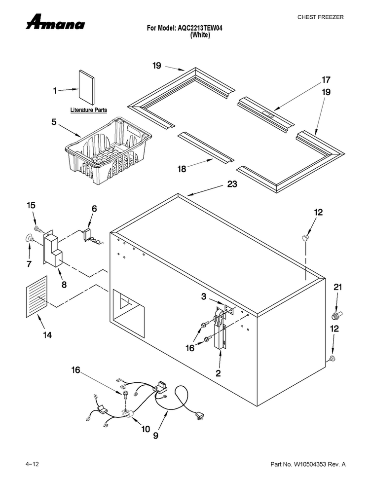 Cabinet Parts Diagram and Parts List for AQC2213TEW04  Amana Freezer