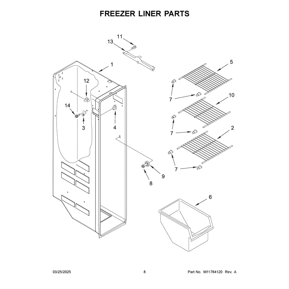 Freezer Liner Parts Diagram and Parts List for ASI2175GRB10  Amana Refrigerator