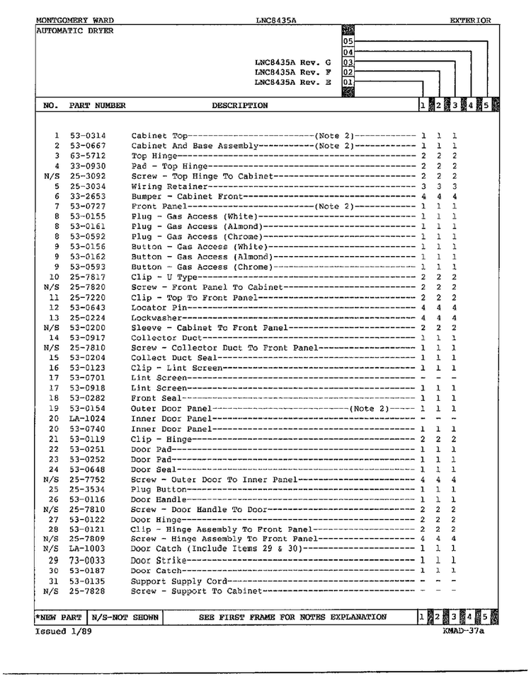 Gas Dryer Exterior Assembly Page 4 Diagram and Parts List for 8435A REV E Norge Dryer