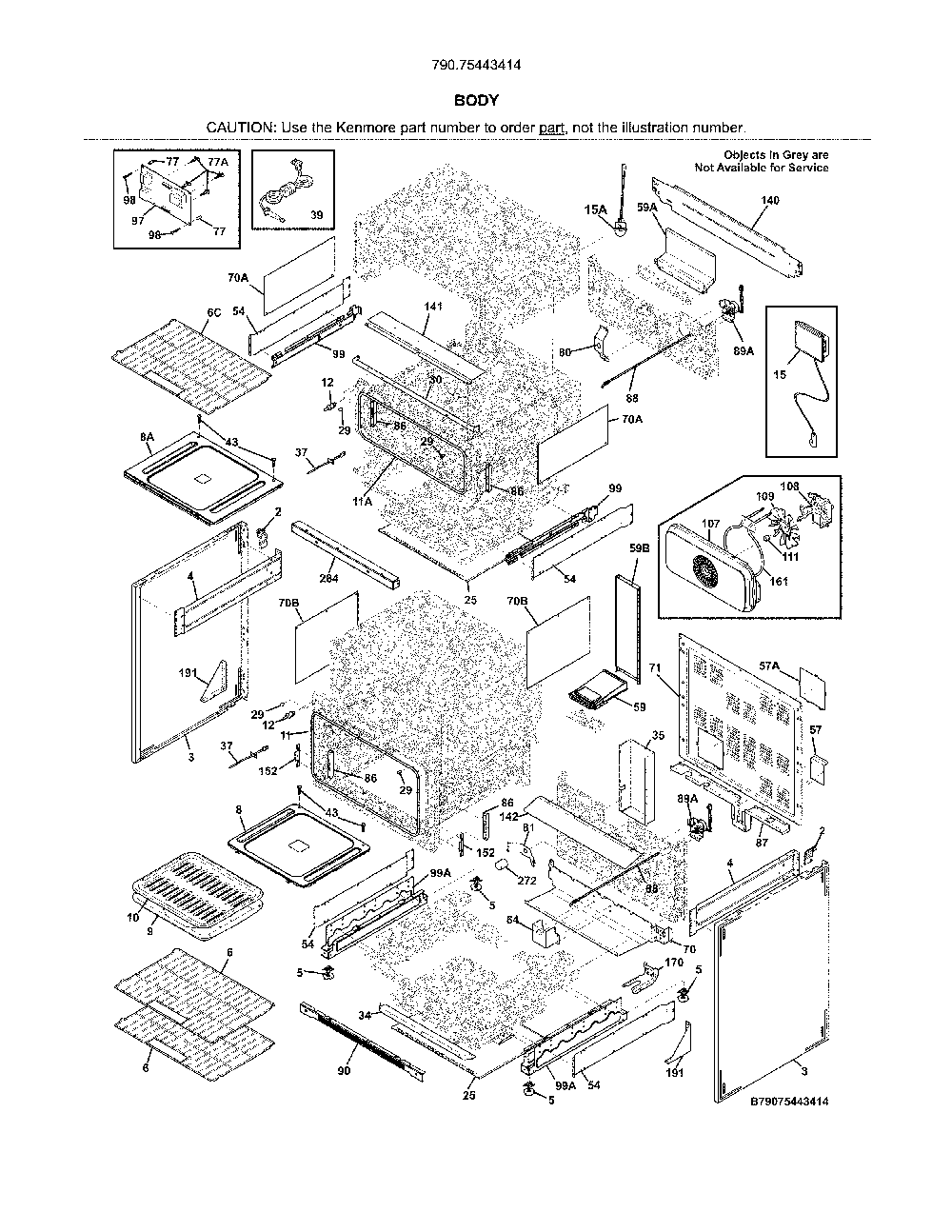 Body Diagram and Parts List for 79075443414  Kenmore Range
