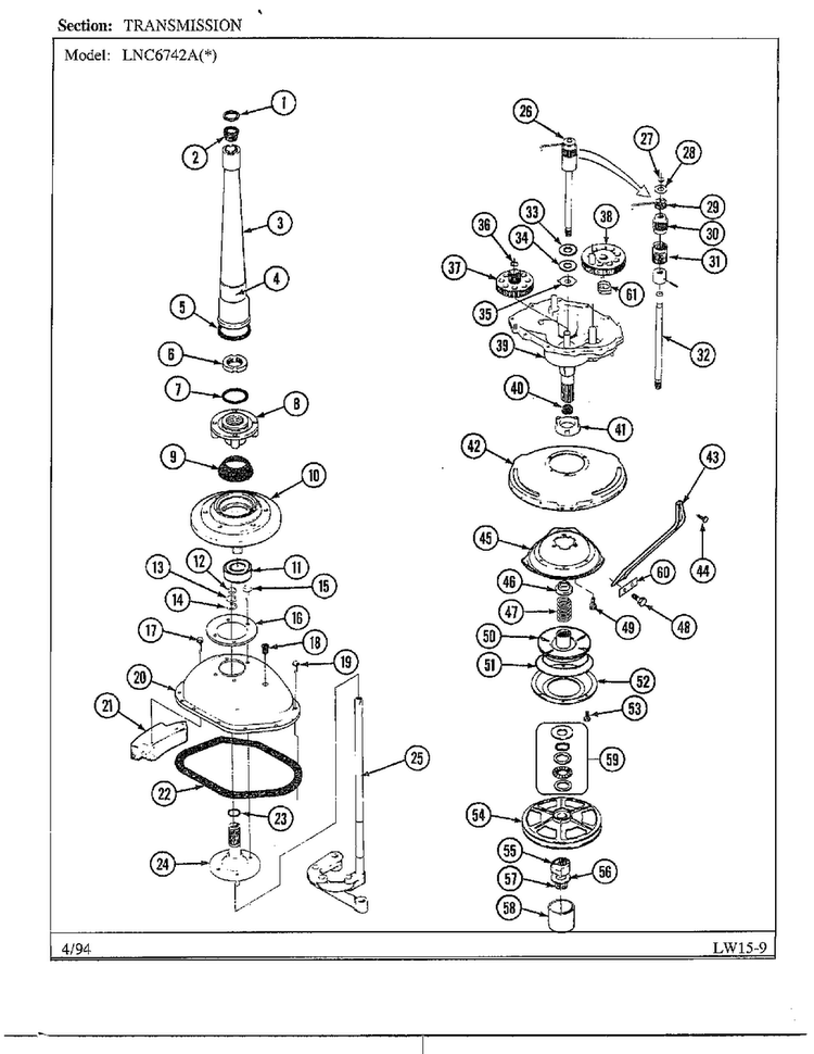 Transmission Diagram and Parts List for 6742A  Norge Washer