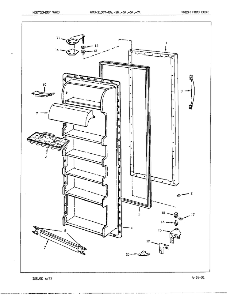 Fresh Food Door Diagram and Parts List for 21374A  Admiral Refrigerator