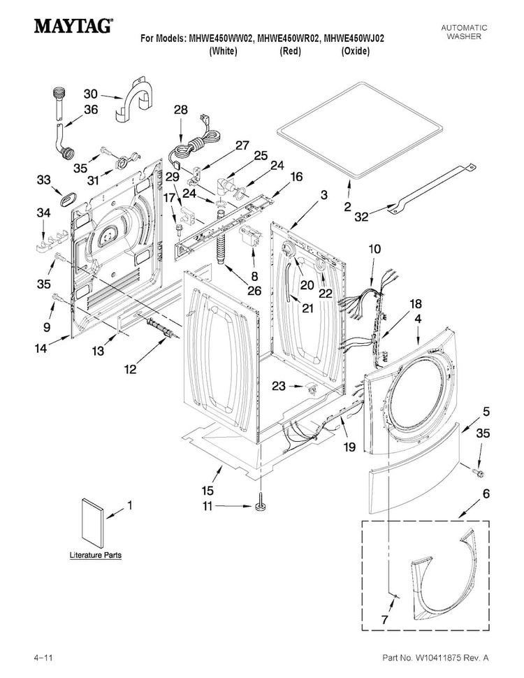Top And Cabinet Parts Diagram and Parts List for MHWE450WR02  Maytag Washer