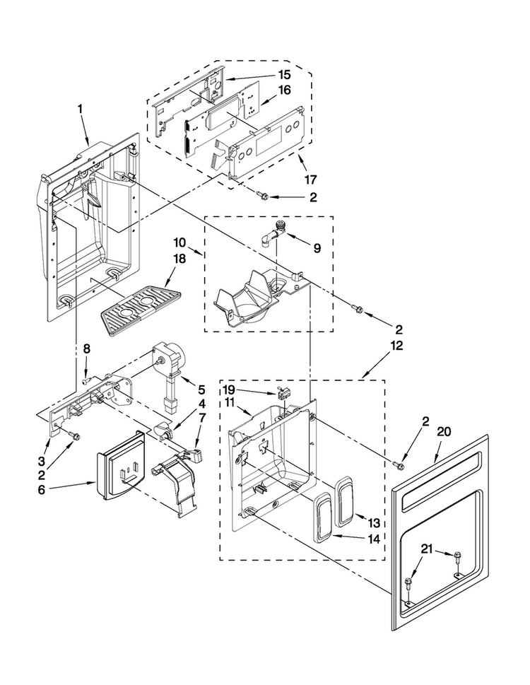 Dispenser Front Parts Diagram and Parts List for JS42CXDUDB02  Jenn-Air Refrigerator