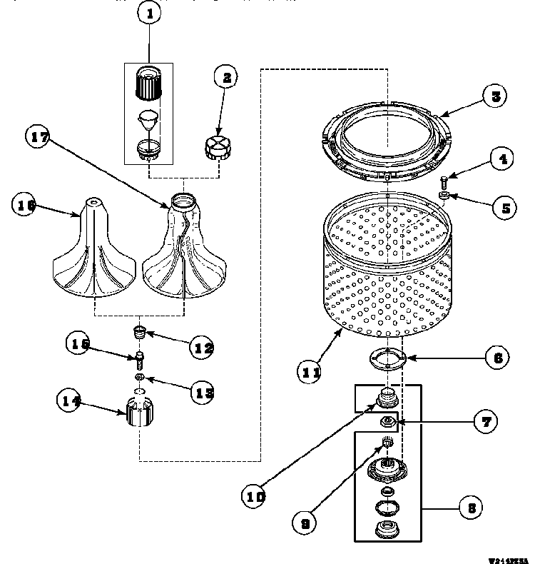 Agitator, Drive Bell, Seal Kit, Washtub And Hub Diagram and Parts List for CW8413W2-PCW8413W2  Crosley Washer