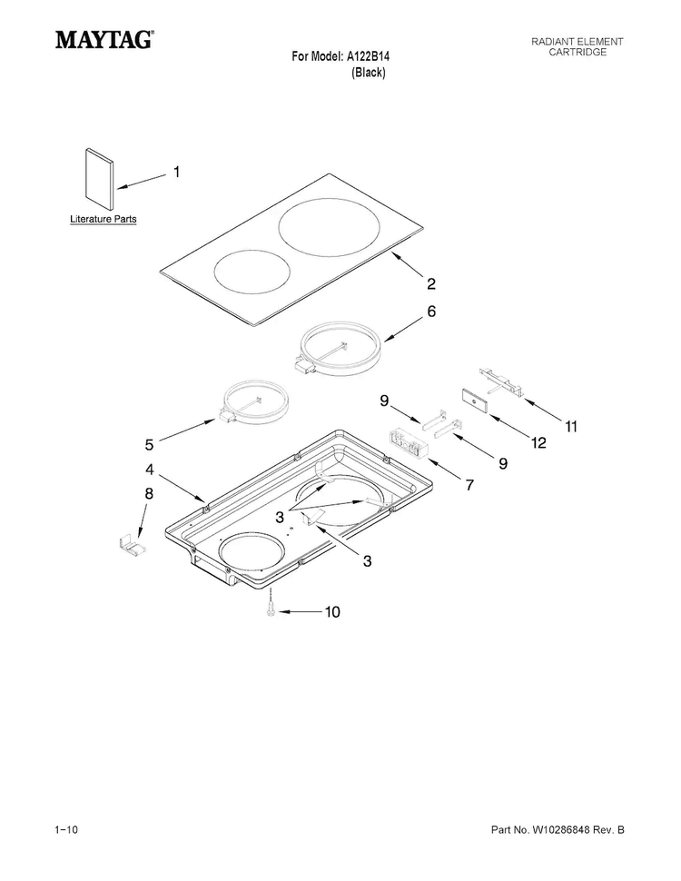 Glass Cartridge Diagram and Parts List for A122B14  Jenn-Air Range