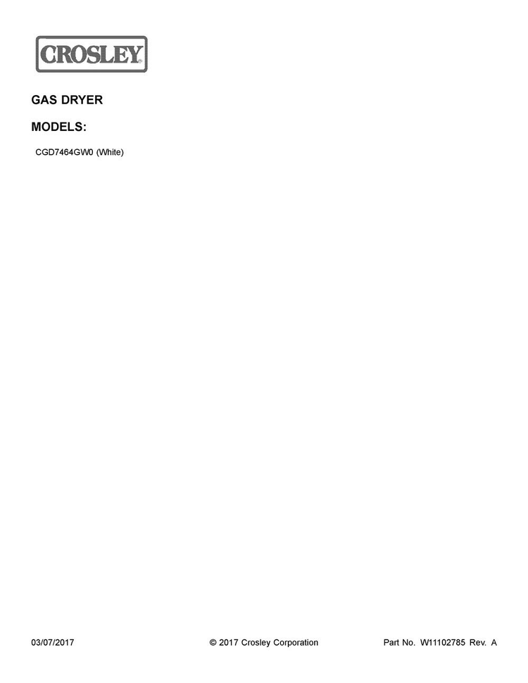 Cover Sheet Diagram and Parts List for CGD7464GW0  Crosley Dryer
