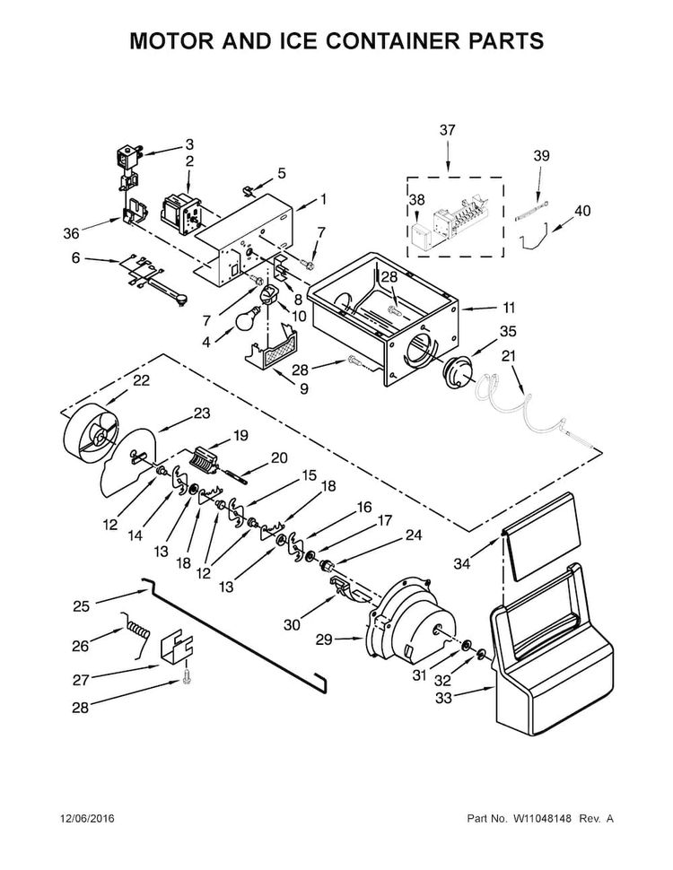 Motor And Ice Container Parts Diagram and Parts List for ASI2275FRS00  Amana Refrigerator