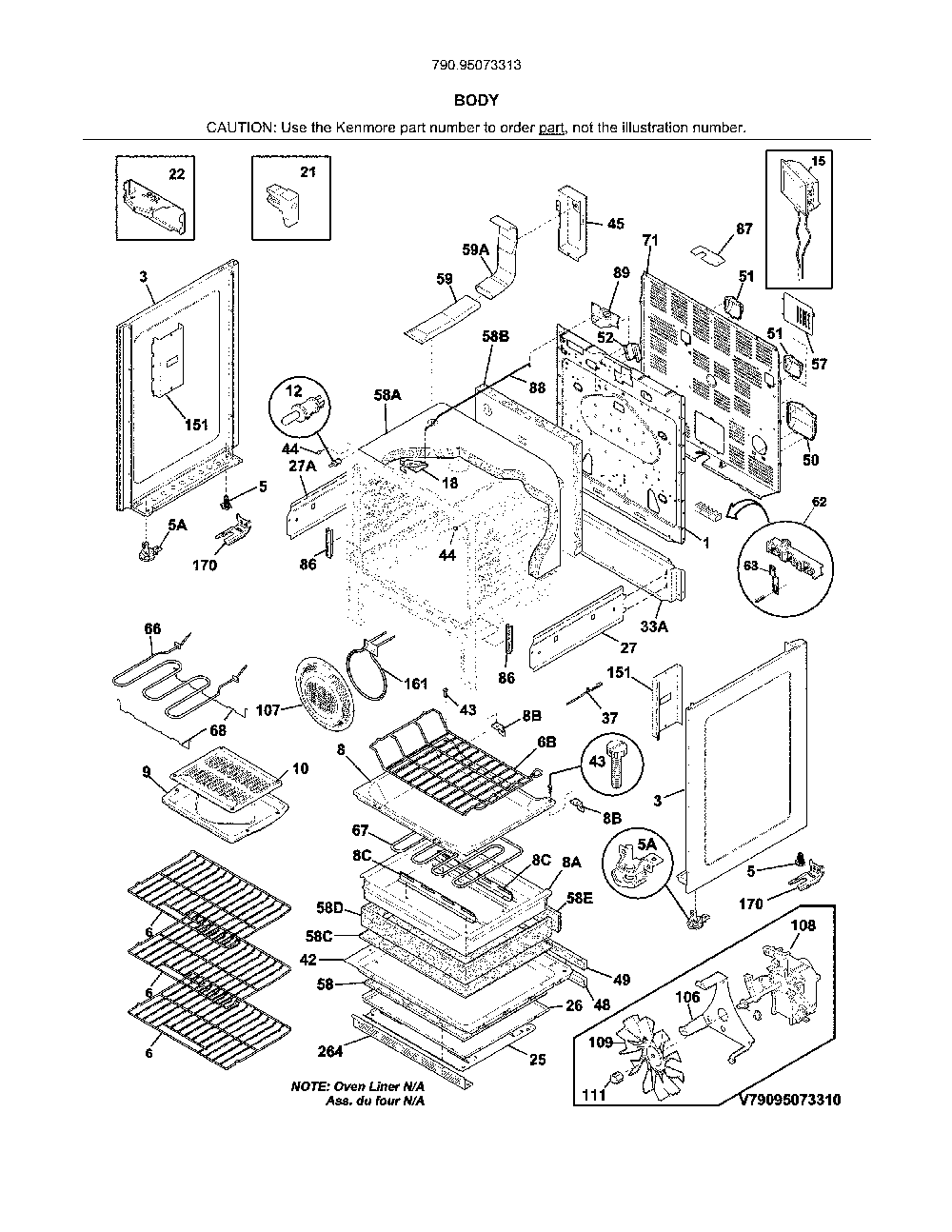 Body Diagram and Parts List for 79095073313  Kenmore Range