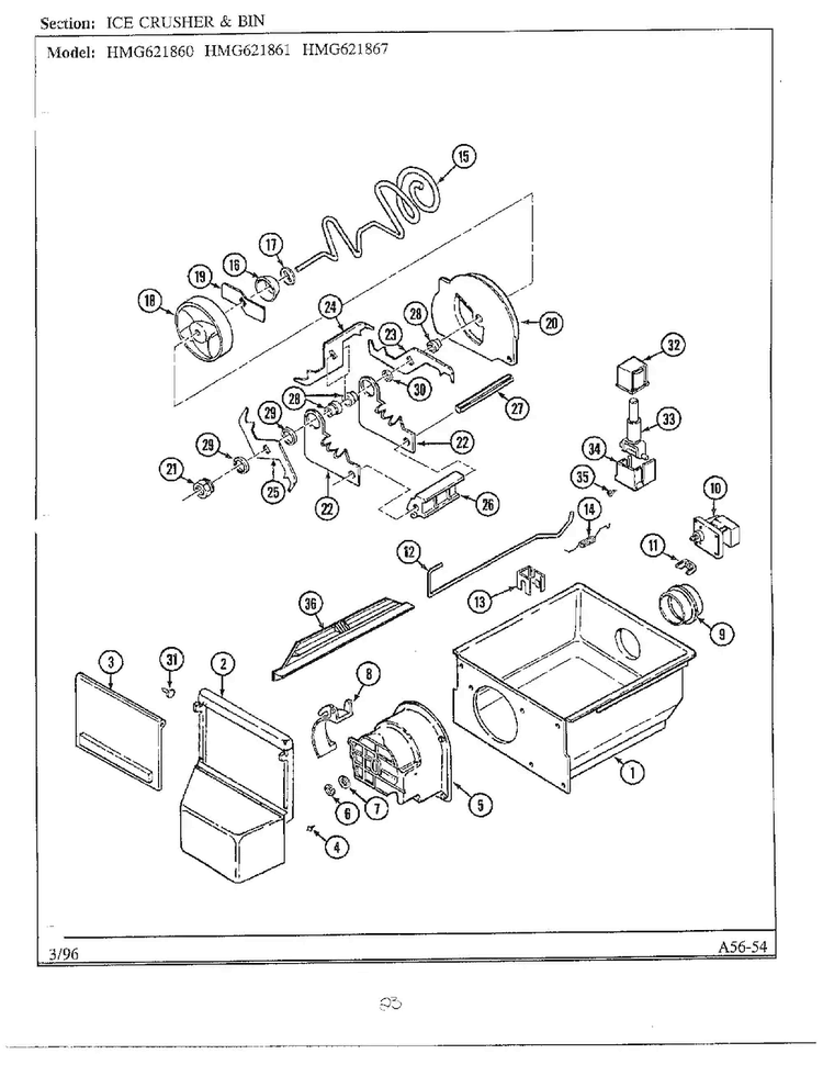 Ice Crusher/bin Diagram and Parts List for HMG621860  Admiral Refrigerator