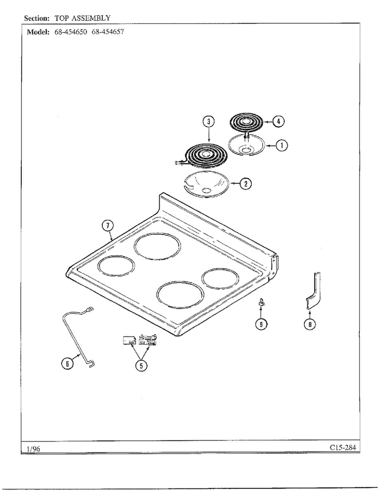 Top Assembly Diagram and Parts List for 68-454650  Magic Chef Range