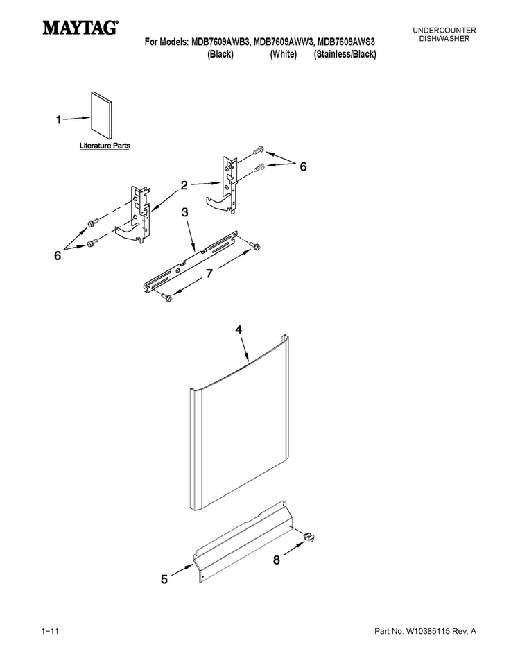 Door And Panel Parts Diagram and Parts List for MDB7609AWB3  Maytag Dishwasher