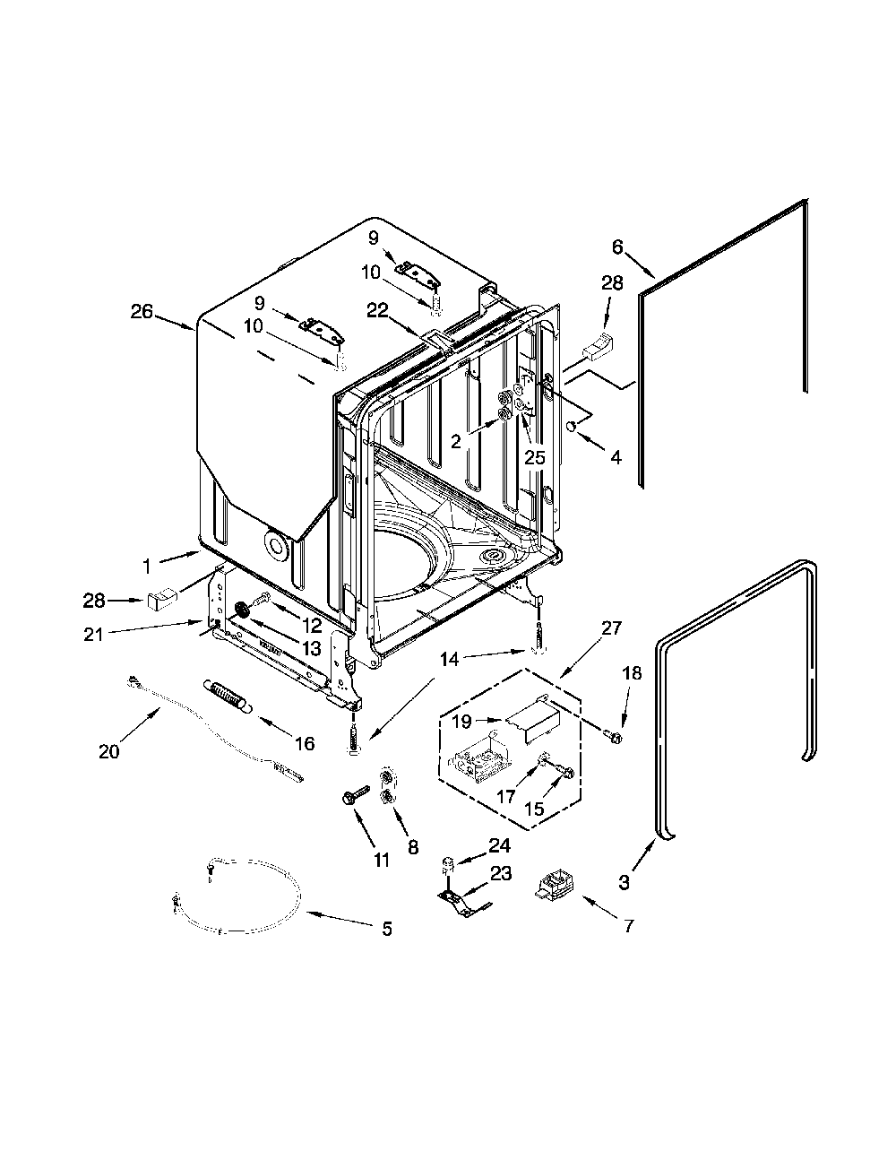 Tub And Frame Parts Diagram and Parts List for 66514749N511  Kenmore Dishwasher