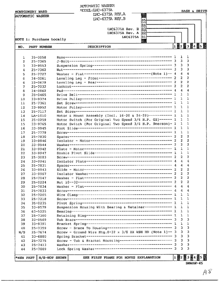 Base And Drive Page 2 Diagram and Parts List for 6375A REV A Norge Washer