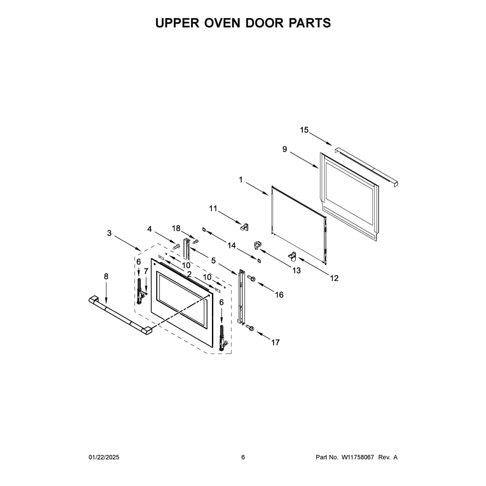 Upper Oven Door Parts Diagram and Parts List for JOEDC530RL00  Jenn-Air Wall Oven