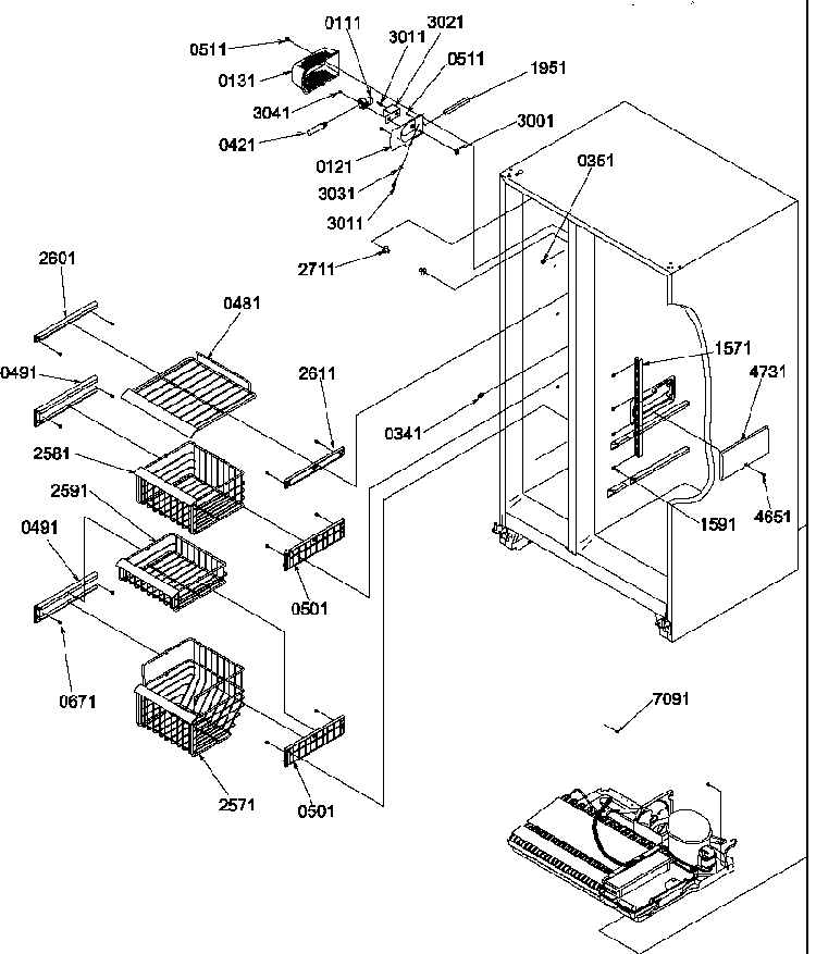 Freezer Shelves And Lights Diagram and Parts List for SRD522TW-P1313301WW  Amana Refrigerator