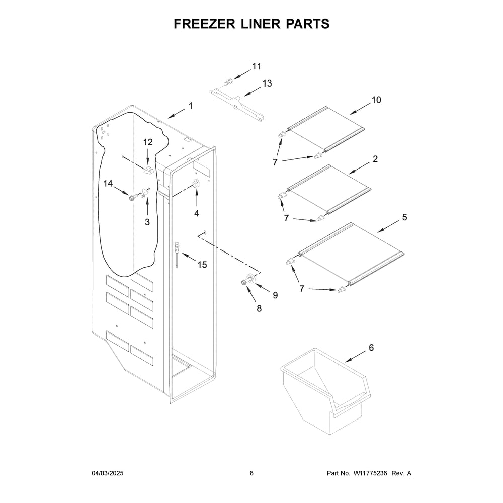 Freezer Liner Parts Diagram and Parts List for MRSF4036PB02  Maytag Refrigerator