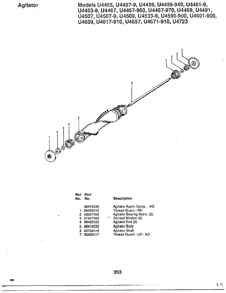 Agitator Diagram and Parts List for U4723  Hoover Upright Vacuum