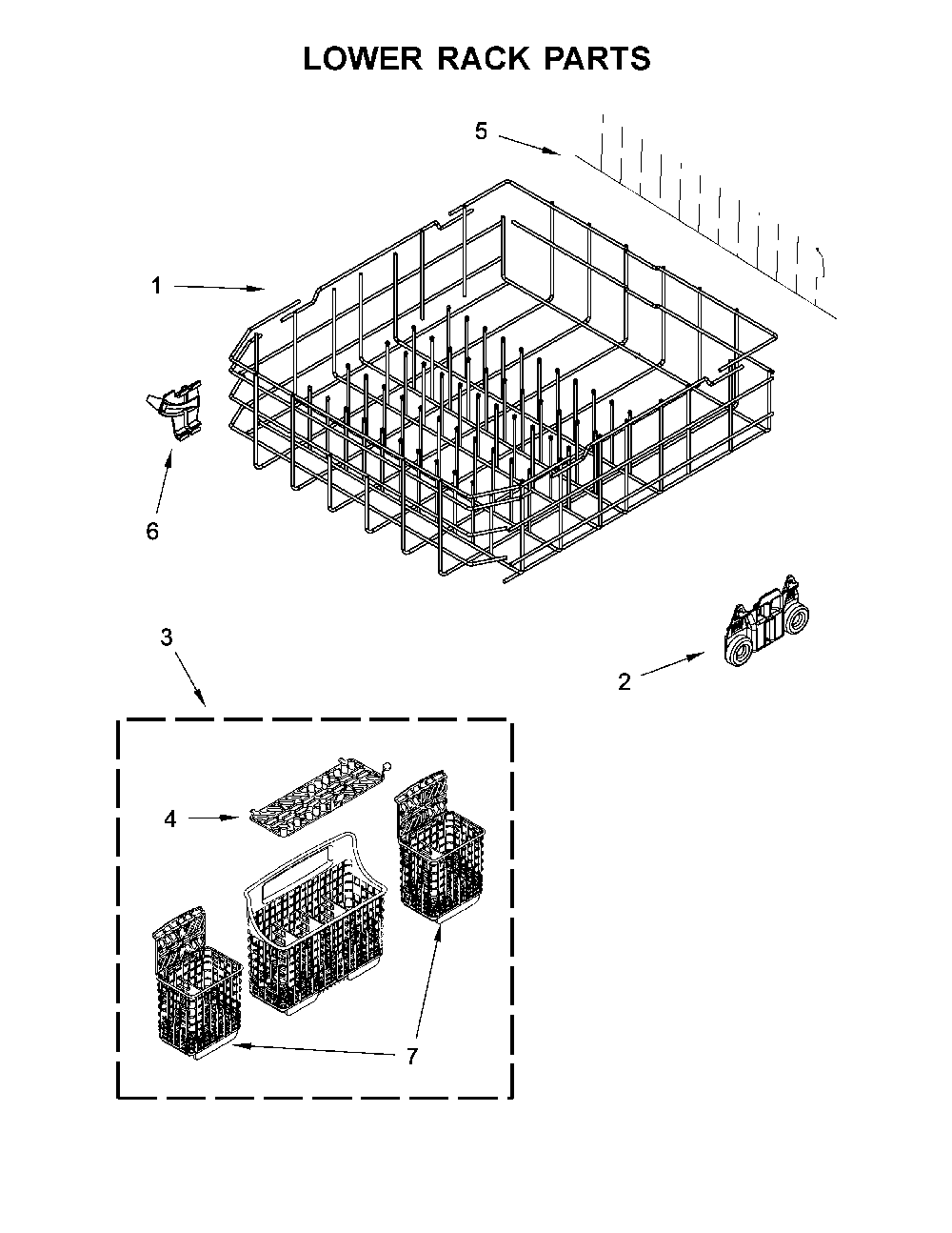Lower Rack Parts Diagram and Parts List for 66514752N511  Kenmore Dishwasher
