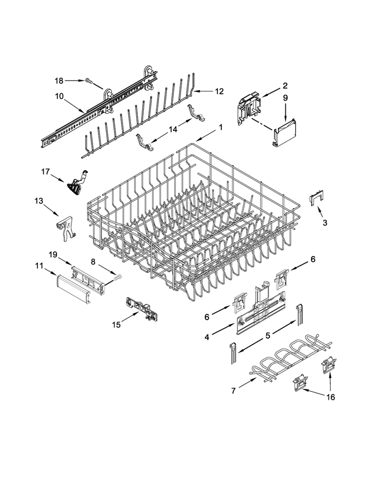 Upper Rack And Track Parts Diagram and Parts List for JDB9000CWS2  Jenn-Air Dishwasher