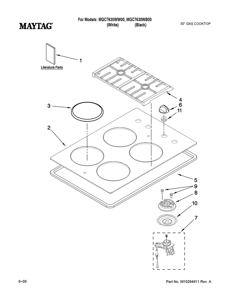 Cooktop, Burner And Grate Parts Diagram and Parts List for MGC7630WB00  Maytag Cooktop