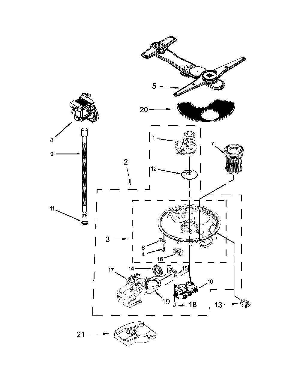 Pump, Washarm And Motor Parts Diagram and Parts List for 66514749N511  Kenmore Dishwasher