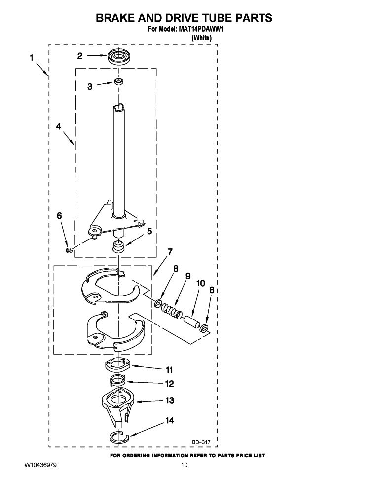BRAKE AND DRIVE TUBE PARTS Diagram and Parts List for MAT14PDAWW1  Maytag Washer