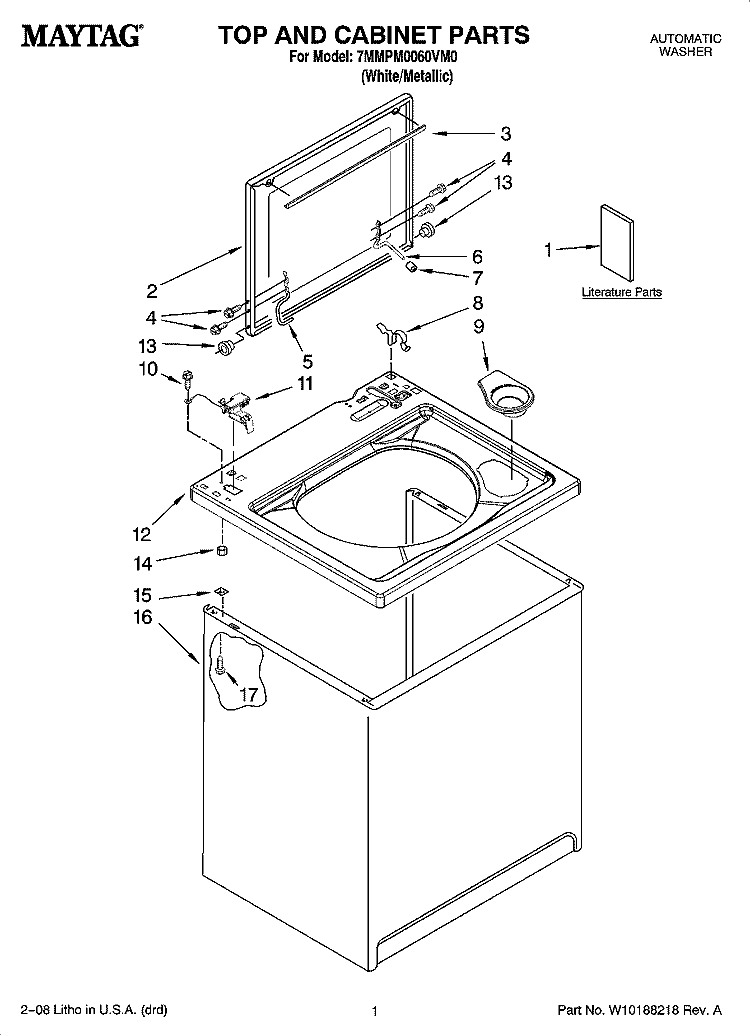 TOP AND CABINET PARTS Diagram and Parts List for 7MMPM0060VM0  Maytag Washer