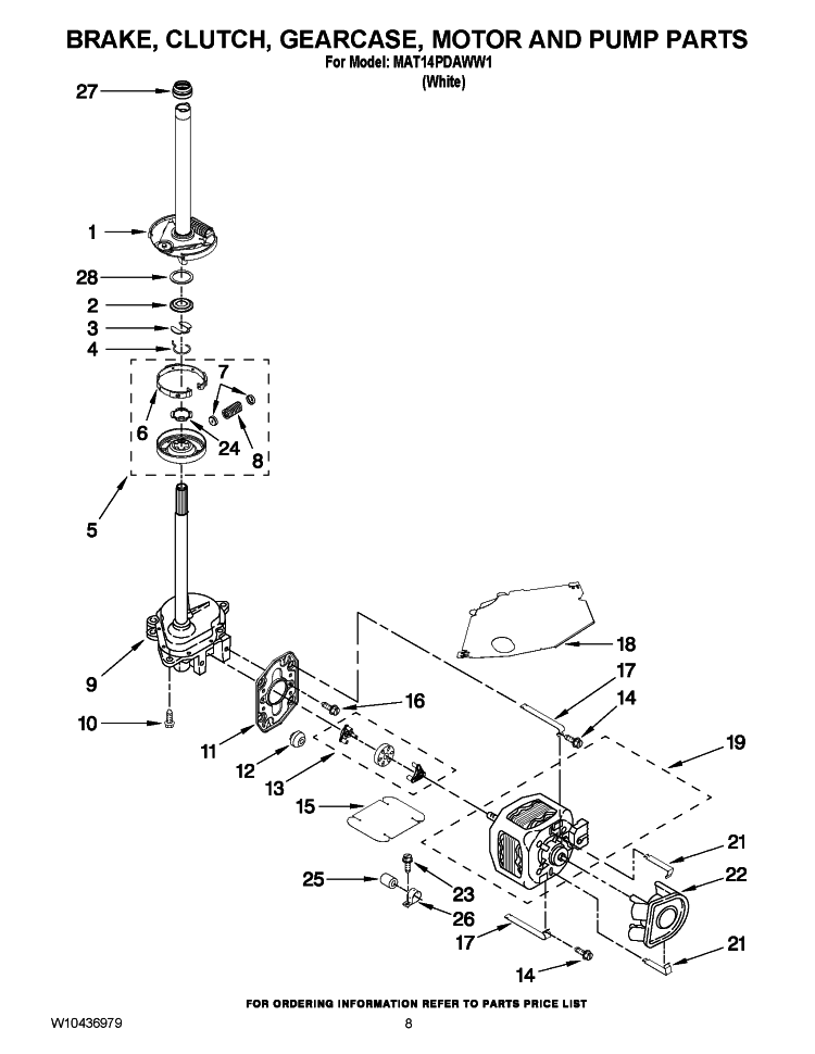 BRAKE, CLUTCH, GEARCASE, MOTOR AND PUMP PARTS Diagram and Parts List for MAT14PDAWW1  Maytag Washer