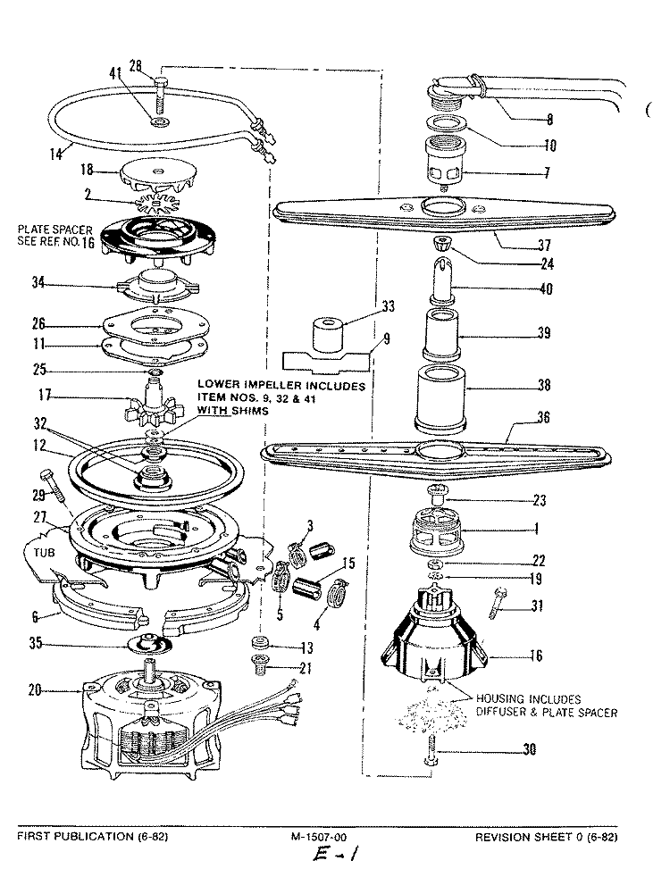 MOTOR, HEATER & SPRAY ARM Diagram and Parts List for DU55A-2  Magic Chef Dishwasher