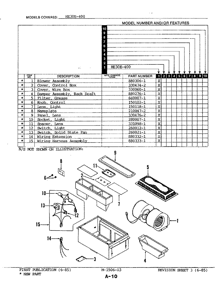 HOOD Diagram and Parts List for HE30E-400  Magic Chef Range Hood