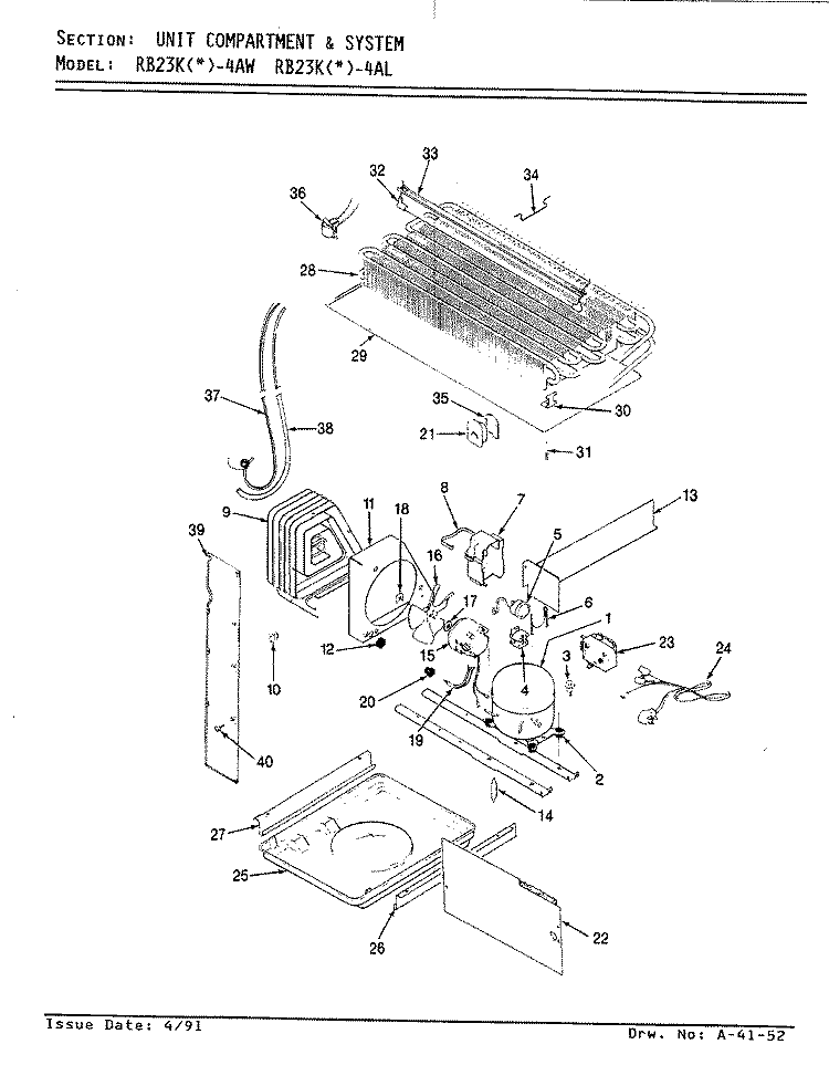 UNIT COMPARTMENT & SYSTEM Diagram and Parts List for RB23KA-4AW BG97A Admiral Refrigerator