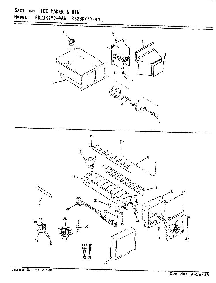 ICE MAKER & BIN Diagram and Parts List for RB23KA-4AW BG97A Admiral Refrigerator