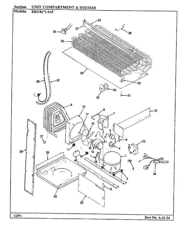 UNIT COMPARTMENT & SYSTEM Diagram and Parts List for RB21KW4AF BG75B Magic Chef Refrigerator