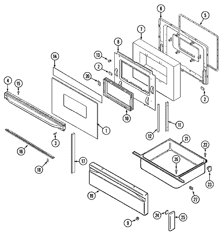 DOOR / DRAWER Diagram and Parts List for 3868VVD  Magic Chef Range