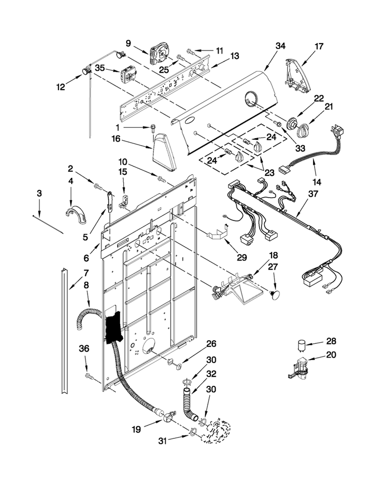Controls And Rear Panel Parts Diagram and Parts List for NTW4500XQ0  Amana Washer