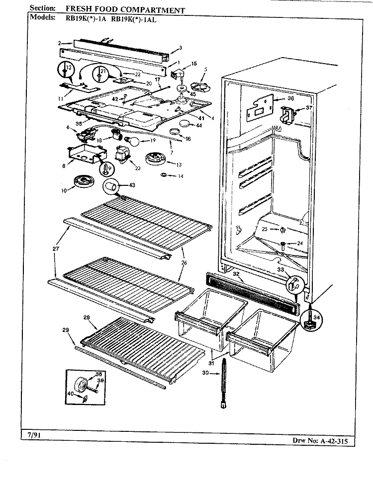 FRESH FOOD COMPARTMENT Diagram and Parts List for RB19KA-1A AG51B Admiral Refrigerator