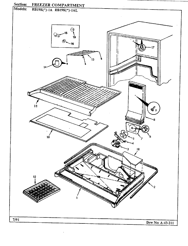 FREEZER COMPARTMENT Diagram and Parts List for RB19KA-1A AG51B Admiral Refrigerator