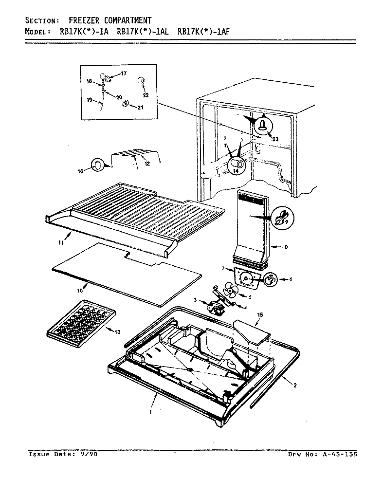 FREEZER COMPARTMENT Diagram and Parts List for RB17KA1AF AG23A Admiral Refrigerator