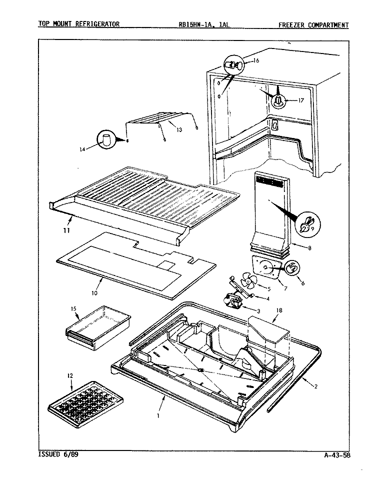 FREEZER COMPARTMENT Diagram and Parts List for RB15HA-1AL 8C43BA Magic Chef Refrigerator