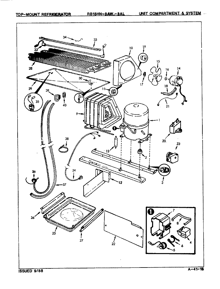 UNIT COMPARTMENT & SYSTEM Diagram and Parts List for RB18HA-3AL 8B22B Admiral Refrigerator